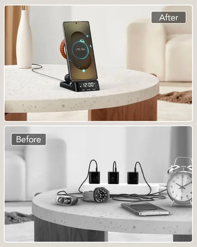 Miniatura 5 de Cargador inalámbrico con reloj despertador para Samsung, estación de carga plegable 4 en 1 para Galaxy Watch 8/7/Ultra/Classic/FE/6, Galaxy