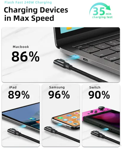 Miniatura 6 de Cable USB C a USB C de 240 W de 4.9 pies, PD 3.1 tipo C a C 5A, cable de carga rápida en ángulo recto para MacBook Pro/Air, iPad Pro/Air/Mini