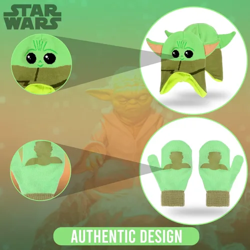 Miniatura 5 de Star Wars Baby Yoda - Gorro de invierno y guantes de nieve para niños y niños pequeños, juego de 3 piezas de gorro cálido con pompón con caja