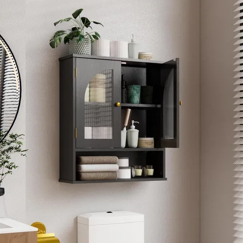 Miniatura 11 de Armario de medicina, gabinete de almacenamiento sobre el inodoro, armario de pared de baño con puertas arqueadas y estantes ajustables, gabinete