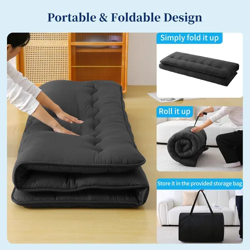 Miniatura 8 de Colchón de futón japonés – Colchón grueso de color negro, almohadilla plegable de tatami de 5 capas con bolsa de almacenamiento y correas, colchones