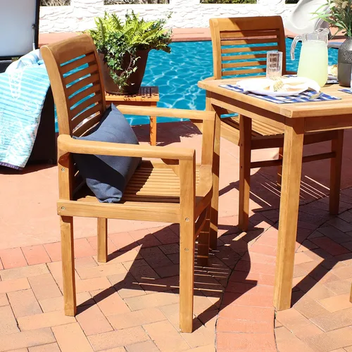 Miniatura 2 de Sunnydaze Silla de comedor de teca maciza para exteriores, silla de patio con listones de madera duradera con brazos para patio trasero, terraza