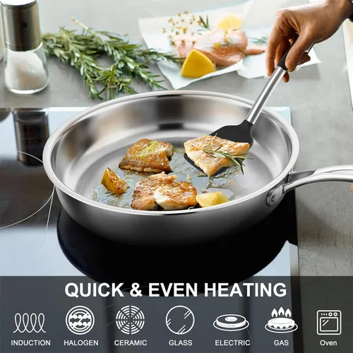 Miniatura 5 de P&P CHEF Sartén de acero inoxidable de 12 pulgadas, sartén de acero inoxidable de 3 capas, sartén de inducción, horno y todas las estufas, segura