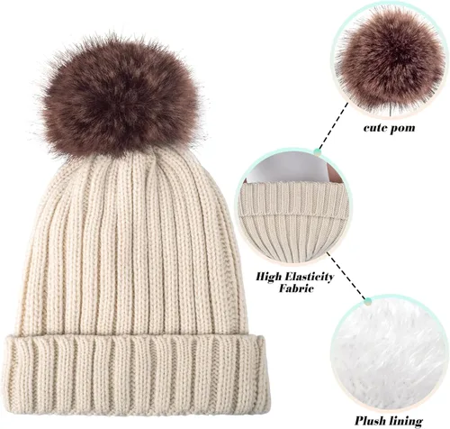 Miniatura 6 de Juego de 3 gorros de punto de invierno para mujer, bufanda y guantes para pantalla táctil con pompón