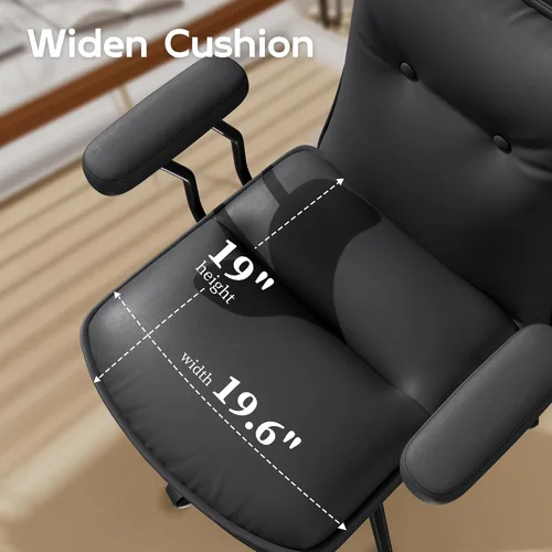 Miniatura 4 de Silla de oficina negra con asiento ancho grueso de triple capa, silla de escritorio de cuero con respaldo medio con ruedas y brazos, silla