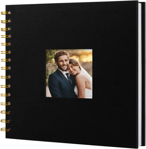 Álbum de recortes de fotos, cubierta de lino, 8 x 8 pulgadas, tapa dura, libro de recuerdos de papel kraft blanco, para viajes, bodas, libro de Negro