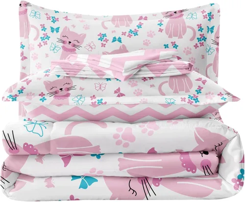 Miniatura 7 de Juego de cama individual para niños con gatos, lindo juego de edredón rosa con animales para decoración de dormitorio de adolescentes, juegos de Cat1