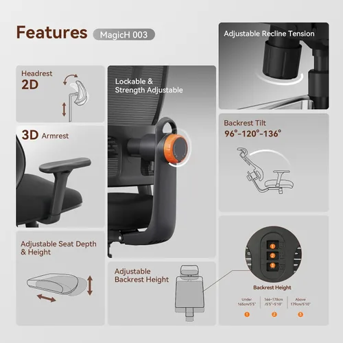 Miniatura 8 de Newtral Silla ergonómica de oficina en casa, silla de escritorio de respaldo alto con soporte lumbar adaptativo único, reposacabezas ajustable