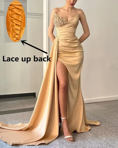 Miniatura 4 de Vestidos de sirena con cuentas de lentejuelas 2024 sin tirantes, vestidos largos de satén para dama de honor, vestido formal de fiesta de noche