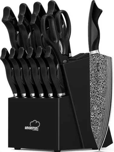 Juego de cuchillos, 15 piezas, juego de cuchillos de cocina con afilador incorporado, juego de bloques de cuchillos de acero inoxidable alemán de