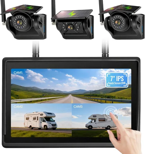 Miniatura 8 de Sistema de cámara de respaldo inalámbrico solar magnético, pantalla táctil IPS de 7 pulgadas con DVR, cámaras de visión trasera IR recargables