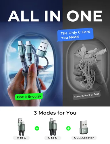 Miniatura 2 de Cable AINOPE USB C a USB C, Cable USB C de 1 Pie de Carga Rápida con Adaptador USB a USB C, Cable USB a USBC de 60W para iPhone 17 Pro Max Air, Gris