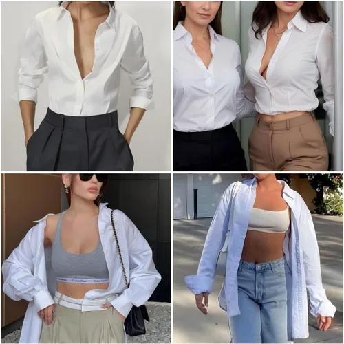 Miniatura 5 de HOTOUCH Camisas de mujer con botones de manga larga, camisa de vestir ajustada, blusas de trabajo, cuello, elegantes, casuales, de negocios