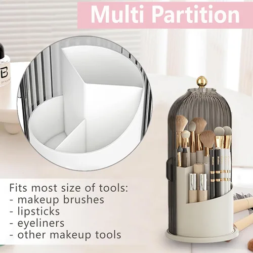 Miniatura 6 de Organizador de brochas de maquillaje con tapa giratoria de 360 grados, transparente, a prueba de polvo, diseño de 3 compartimentos, organizador
