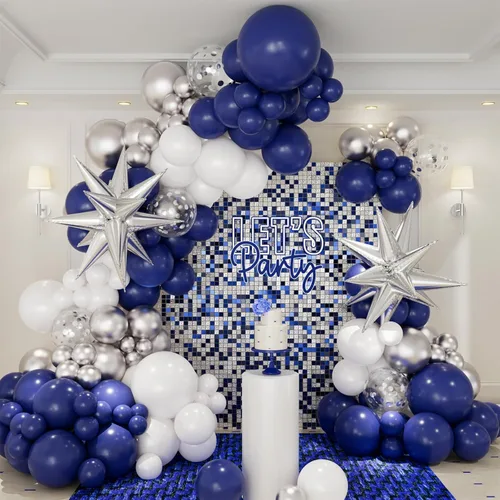 Kit de arco de guirnalda de globos de color azul marino y plateado, 146 globos de color azul rey metálico plateado y blanco con globos plateados de