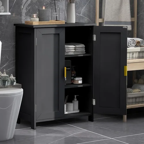 Miniatura 10 de TaoHFE Gabinete de almacenamiento de baño gris, gabinetes de baño independientes con 2 puertas, armario de toallas para baños, gabinetes de baño