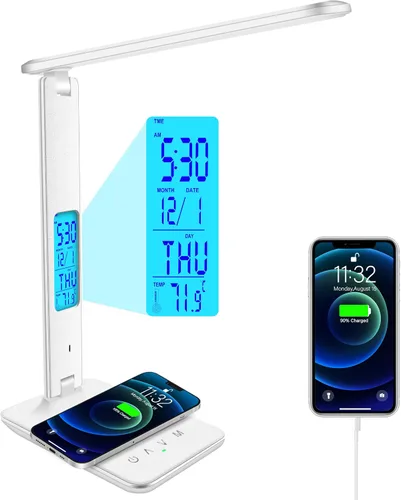 snsok Lámpara de escritorio con cargador inalámbrico, puerto de carga USB, luz de escritorio de oficina regulable con reloj, alarma, fecha, Blanco