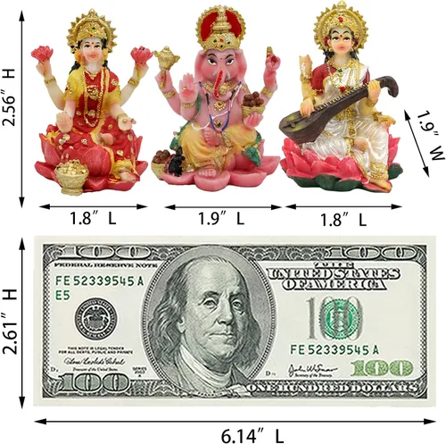 Miniatura 6 de alikiki Estatua hindú de Laxmi Ganesh Saraswati – 2.5 pulgadas de alto India Dios Lakshmi Ganesha figura para decoración de tablero de automóvil