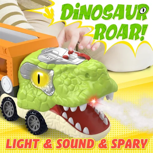 Miniatura 5 de SpringFlower Juguetes de dinosaurio 11 en 1, juguetes de dinosaurio para niños de 3 a 5 años, camión de dinosaurios con 10 autos de tracción hacia