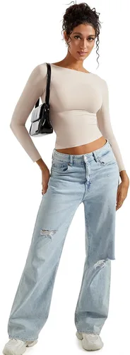 Miniatura 5 de SUUKSESS Camiseta de mujer con cuello redondo, manga larga, doblemente forrada, ajustada y corta