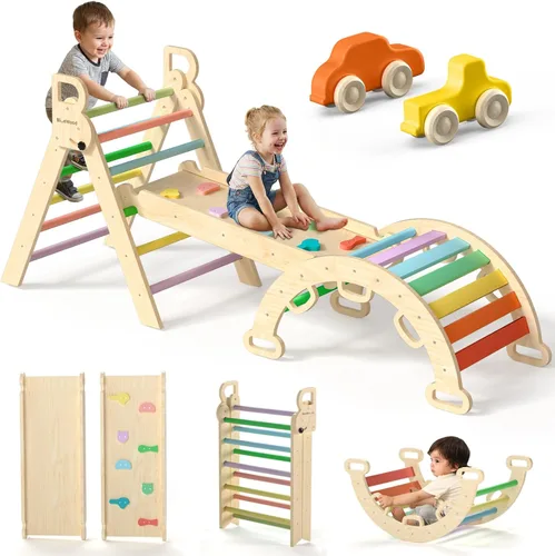 BlueWood Pikler - Juego de triángulos con mango seguro, plegable 7 en 1 Montessori Juguetes de escalada para niños pequeños, juego de escalada de