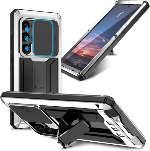 Miniatura 13 de Funda de metal compatible con Samsung Galaxy S22, resistente al polvo, de grado militar, con cubierta deslizante para cámara y soporte plegable