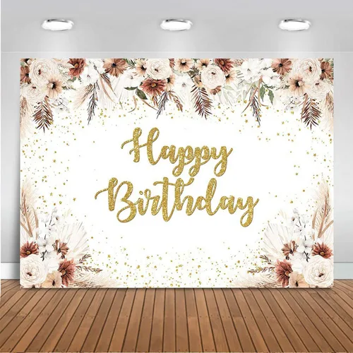 Miniatura 8 de Mocsicka Telón de fondo de vinilo de feliz cumpleaños dorado borgoña para niñas, bohemio, hierba de las pampas, puntos dorados, fondo de fotografía