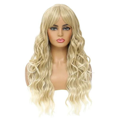 Miniatura 10 de SWACC Peluca larga y rizada ondulada con flequillo peluca de pelo sintético para mujeres con gorra de peluca (negro)