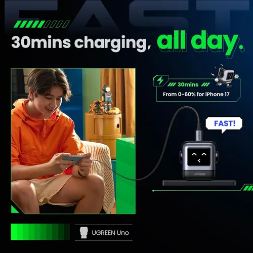 Miniatura 3 de UGREEN Uno - Bloque de cargador USB C de 30 W, cargador rápido compacto robot GaN para iPhone 17, regalos para mujeres y hombres, compatible
