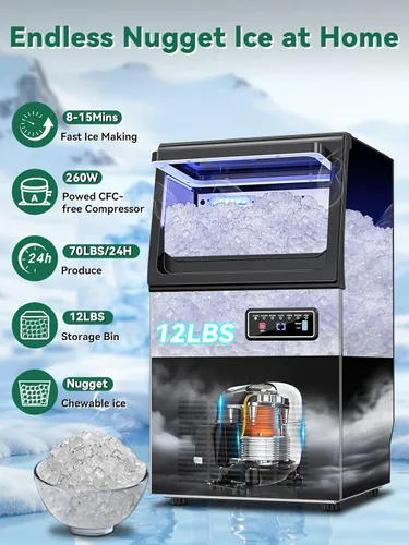 Miniatura 7 de Máquina comercial para hacer hielo en pepitas con contenedor de almacenamiento de 12 libras, 70 libras/24 horas de acero inoxidable debajo