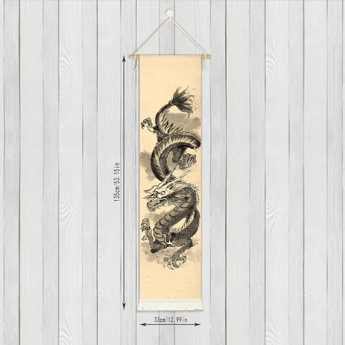 Miniatura 3 de Póster colgante de lienzo para pared, pintura de dragón chino, tinta y acuarela, tapiz de pared con efecto mitológico con 2 borlas y barra colgante
