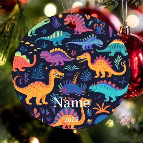 Miniatura 8 de Adorno colorido con patrón de dinosaurio de 3 pulgadas, adorno de Navidad de cerámica de 3 pulgadas, bonito adorno de Navidad de dibujos animados