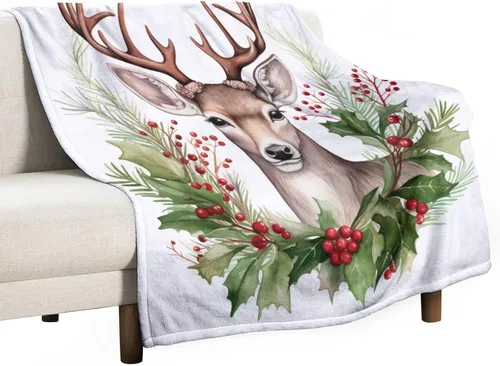 Miniatura 41 de Elegante manta de Navidad con diseño de ciervos y bayas rojas y verdes, diseño de renos de invierno, con diseño de ciervos y bayas rojas, manta