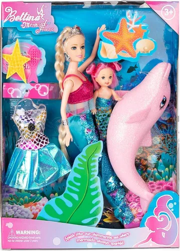 Juego de muñeca de princesa sirena, sirena que cambia de color, muñeca de vestir de 12 pulgadas y muñeca de vestir de 3 pulgadas y delfín, cambio de
