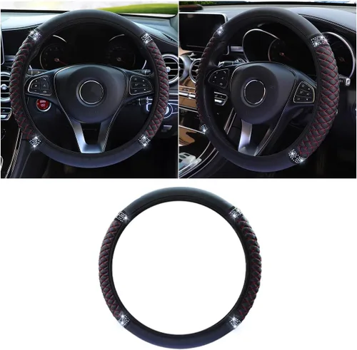 Miniatura 13 de Funda de cuero suave para volante, 15 pulgadas, con diamantes de imitación coloridos y elásticos para mujeres y niñas, accesorios de automóvil