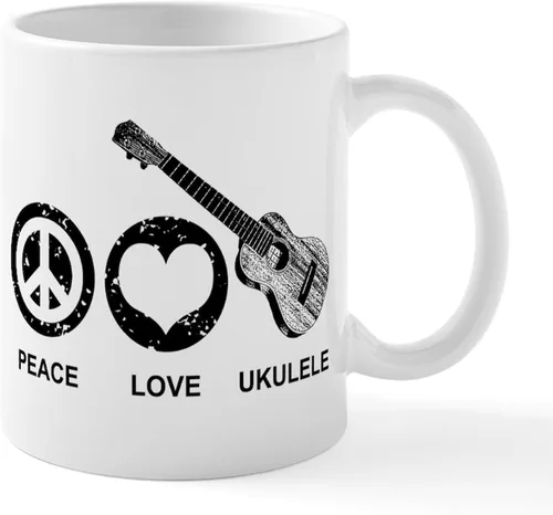 CafePress Peace Love - Taza de café de cerámica para ukelele (11 oz (11.0 fl oz)