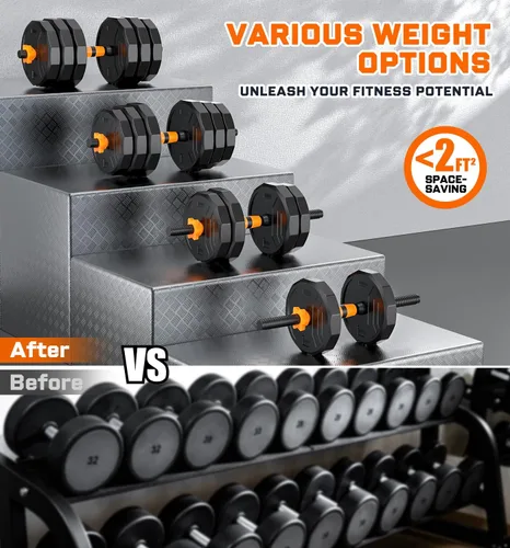 Miniatura 8 de 5-in-1 Adjustable Dumbbell Set, 33/44/66/88lbs Free Weights Set with Connector, Used as Kettlebells, Barbell, Push up Stand, Standard 1" Plates