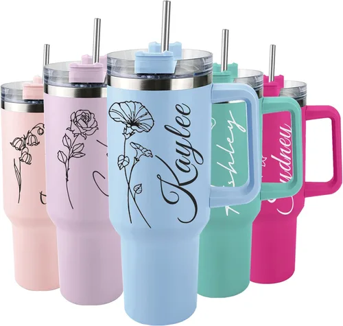 Elemtansy Vaso personalizado de 40 onzas con asa y pajita, taza personalizada con nombre y flor de nacimiento, vaso de café de viaje de acero