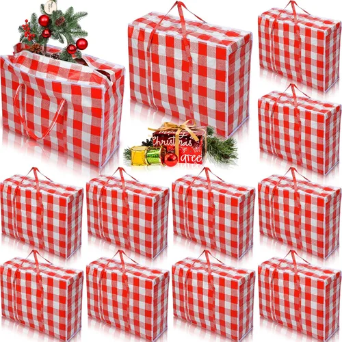 12 bolsas de almacenamiento extra grandes de 27 x 20 pulgadas, caja de almacenamiento a cuadros de gran tamaño, contenedores resistentes para Rojo