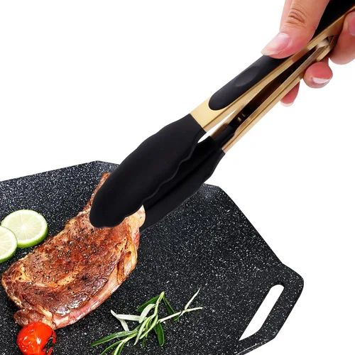 Miniatura 7 de Pinzas doradas clásicas de acero inoxidable para servir comida y fiesta, pinzas de cocina de 9 y 12 pulgadas con puntas de silicona sin BPA