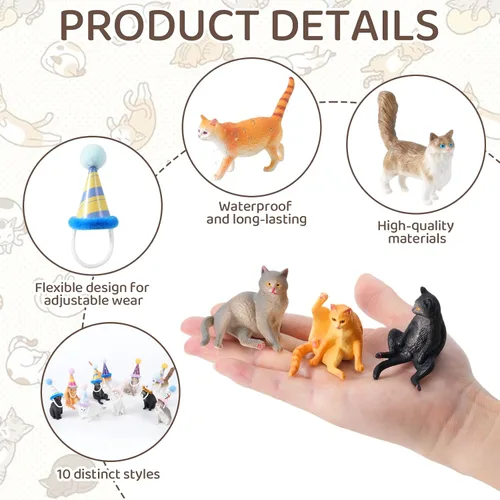 Miniatura 3 de 20 piezas de figuritas de gato en miniatura con kit de sombreros de cumpleaños, figuritas de gato pequeñas de resina, decoraciones para pasteles