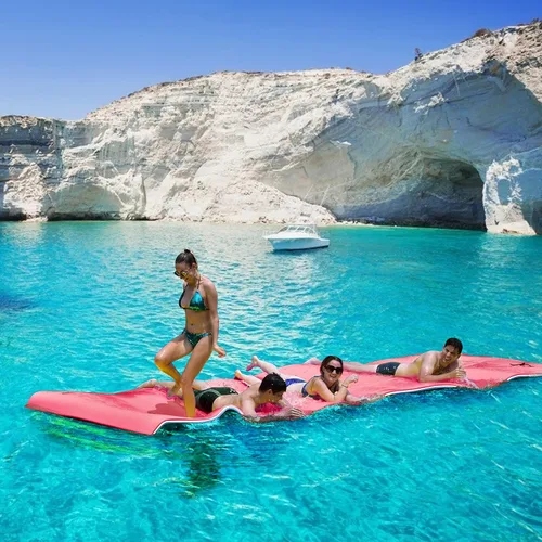 Miniatura 11 de GYMAX Almohadilla flotante de agua, esterilla de espuma de agua de 9 pies / 18 pies x 6 pies con almohada rodante, isla flotante de 3 capas para Azul