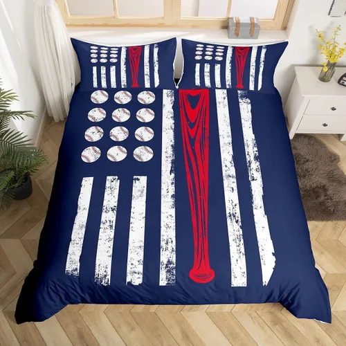 Juego de funda de edredón con bandera estadounidense de béisbol, bate de béisbol, bandera de Estados Unidos, para niños y adolescentes, color rojo y