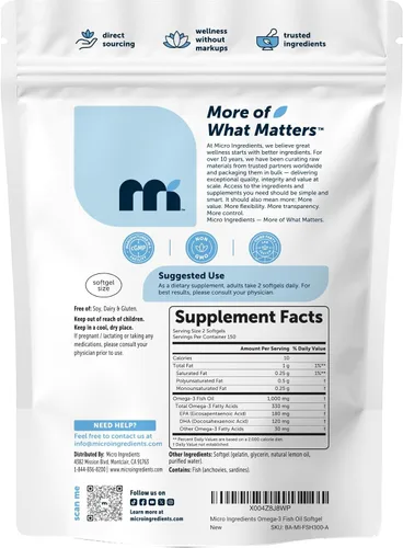 Miniatura 7 de Micro Ingredients Suplementos de aceite de pescado Omega 3 de fuerza extra 1,000mg por porción, 300 cápsulas blandas sabor a limón sin eructos