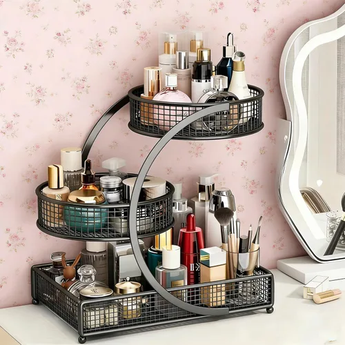 Organizador de maquillaje para tocador, organizador de encimera de baño de metal de 3 niveles, soporte de almacenamiento para el cuidado de la piel,