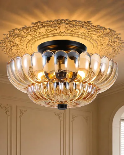Luces de Techo Semiempotradas Lámpara de Techo de Cristal Marrón Candelabros Base Negra Iluminación Moderna Accesorio de Luz Adecuado para Sala de