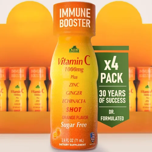 ALFA VITAMINS Disparo de vitamina C de 1000 mg con zinc, jengibre y equinácea - Apoya la salud inmunológica y el bienestar diario - Sabor naranja -