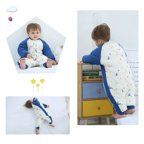 Miniatura 7 de Happy Cherry Saco de dormir de algodón grueso de invierno para bebé, manta cálida con mangas desmontables, Pingüino - Azul
