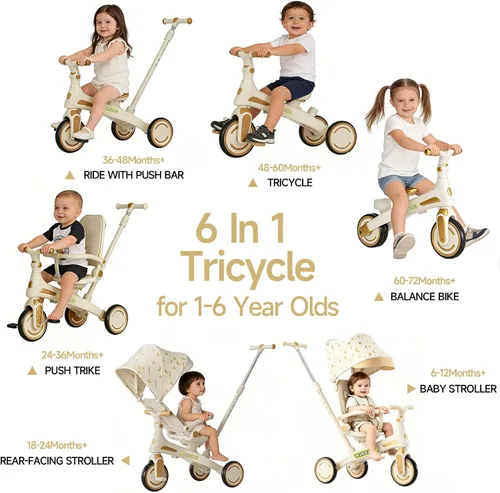Miniatura 2 de Winhope Triciclo para niños, triciclo 6 en 1 para bebés con asa de empuje ajustable, asiento reversible y toldo, cochecito de bebé para niños de 1 a