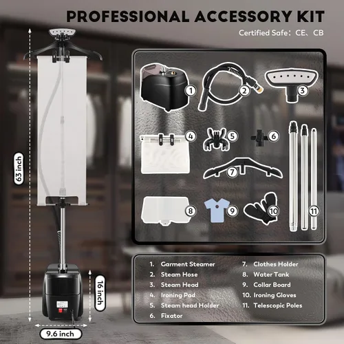 Miniatura 5 de CGOLDENWALL Vaporizador profesional para ropa de pie de 1500 W, continuo 70 minutos, potente vapor, calentamiento rápido de 30 segundos, incluye